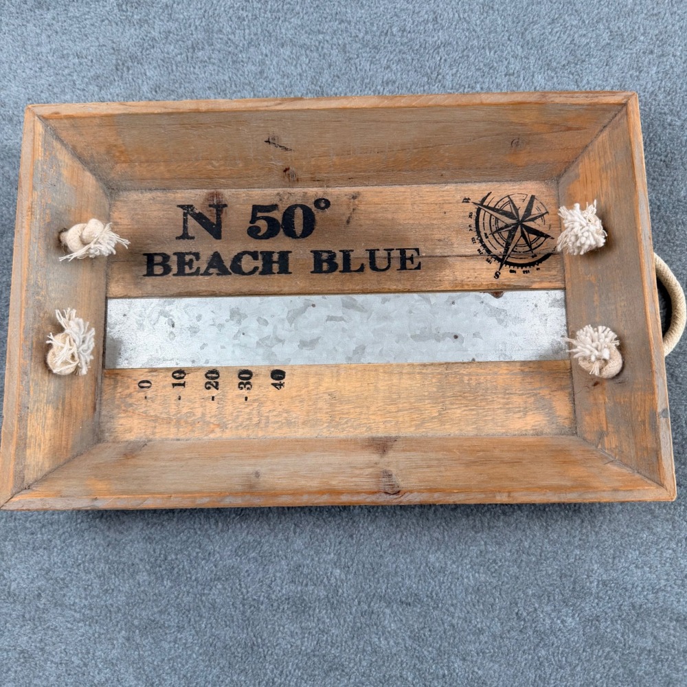 Nautical Beach Blue Wooden Tray Rope Handles Metal Inlay Coastal Decor 16in